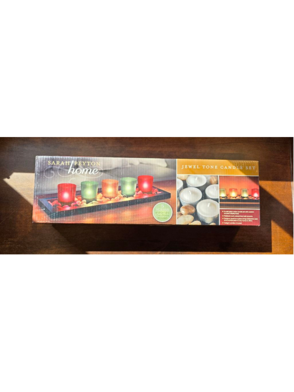 Sarah Peyton Jewel Tone Candle Set with Wooden Base & River Rocks One Size - Picture 3 of 8